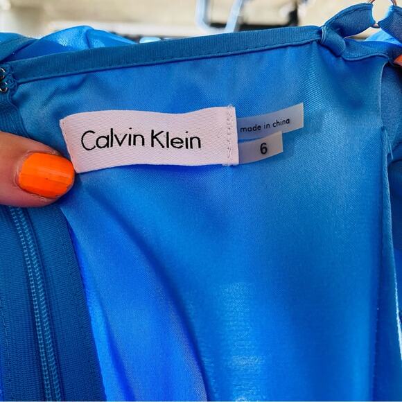 CALVIN KLEIN Blue Button Sheer Chiffon Back Pleated Stripe Knee Length Dress 6 - Picture 8 of 10